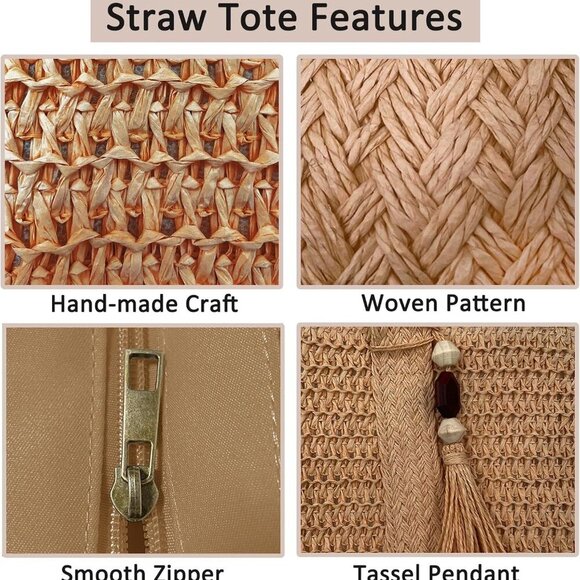 Large Straw Woven Tote Bag for Women with Tassels Summer Travel Beach - Picture 3 of 5